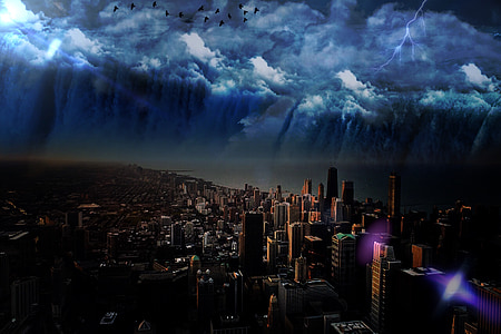 aerial view of city buildings under cloudy sky with thunder thumbnail