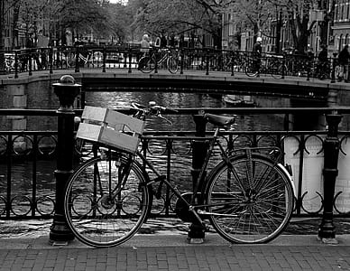 grayscale photo of bicycle and bridge thumbnail