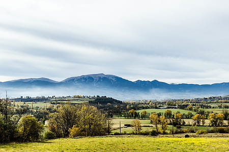 landscape photography of green field against foggy mountain thumbnail