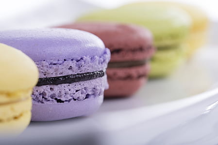 tilt shift lens photo of macaroons on white ceramic plate thumbnail