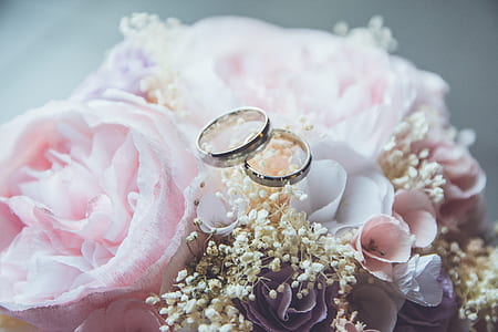 shallow focus photography of two gold-colored band ring on bouquet of flowers thumbnail
