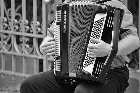 greyscale photo of person's playing button accordion thumbnail