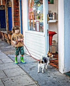 boy holding dog lace during daytime thumbnail
