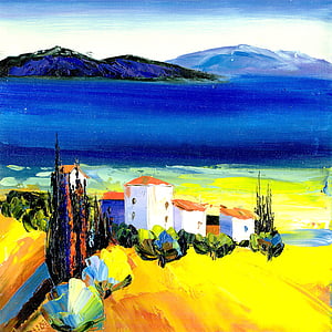multicolored painting of houses near body of water and mountain thumbnail