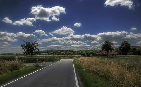 black road between green grass fields thumbnail