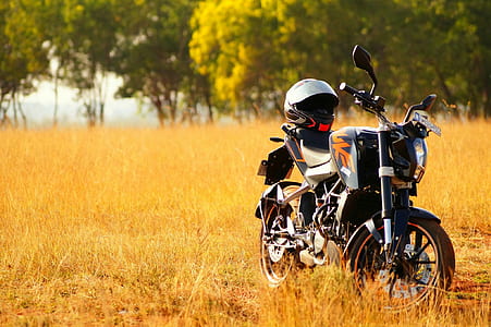 black and orange KTM Duke naked bike on brown grass field thumbnail
