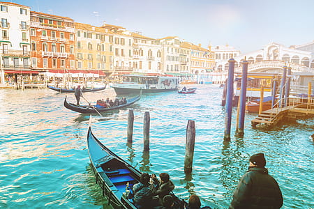 Panoramic view of famous Canal Grande from famous Rialto Bridge at sunset in Venice, Italy thumbnail