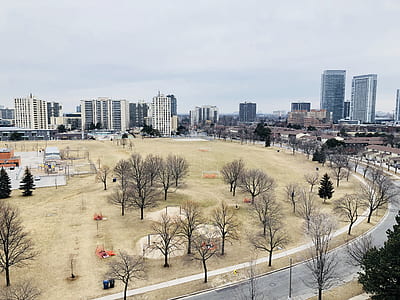 empty brown grass field beside concrete road surrounded by concrete buildings at daytime thumbnail
