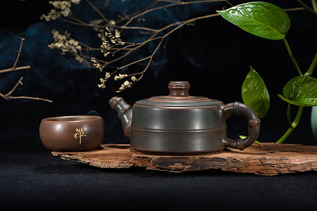 brown and black terracotta kettle on brown wooden slab bear green Ivy plant thumbnail