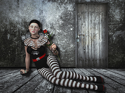 woman wearing black and white sweetheart shirt and high socks sitting near door while holding red rose thumbnail