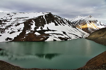 lake near snow capped mountain thumbnail