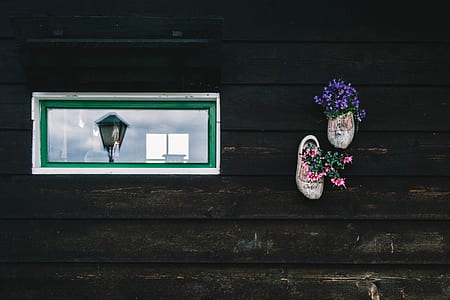 two beige wooden flower pots on wall thumbnail