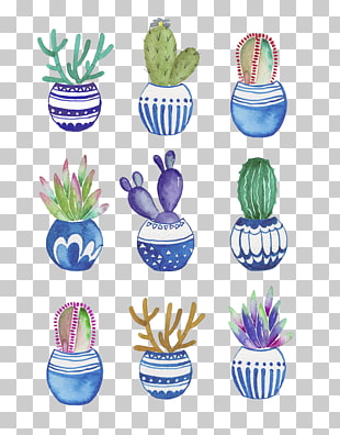 Flowerpot Cactaceae Watercolor painting Drawing, Potted cactus watercolor painting, potted assorted cacti plants PNG clipart