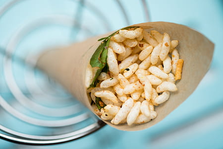 white pop rices on gray cone thumbnail