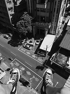 greyscale photo of person sitting on top of building thumbnail