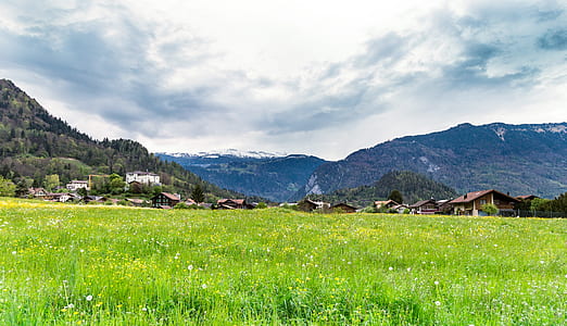 Green Grass Field and Mountain Under White Clouds thumbnail