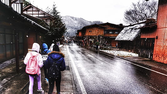 Three People in Hoodie Jackets Walking Beside Road thumbnail