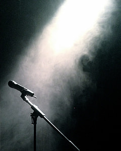 grayscale photography of microphone on stand thumbnail