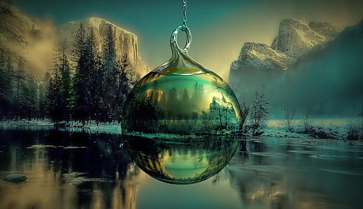 lake during winter seen through clear glass ball digital wallpaper thumbnail