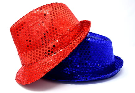 two blue and red sequin fedora hats thumbnail