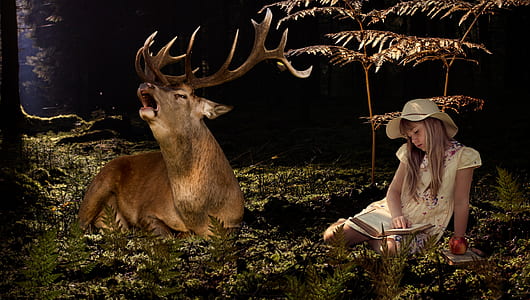 girl wearing hat sitting near plant beside buck thumbnail