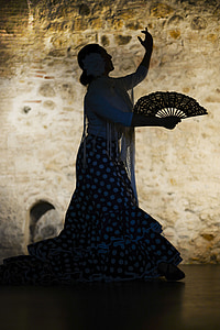 woman wearing white long-sleeved top and blue-and-white polka-dot long skirt holding fan thumbnail