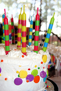 round white icing-covered icing with multicolored candles thumbnail