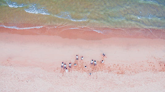 aerial photography of people laying on sand near body of water thumbnail