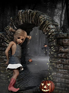 girl beside pumpkin animated wallppaer thumbnail