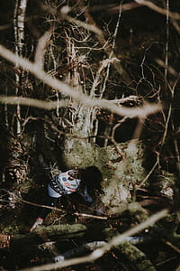 person hiding on tree wearing white top thumbnail