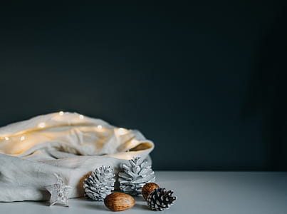 three white pinecons beside white textile thumbnail