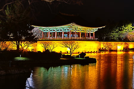 green and brown temple near body of water at night thumbnail