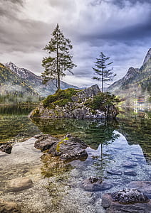 green trees on gray rock surrounded with water under cloudy sky during daytime thumbnail