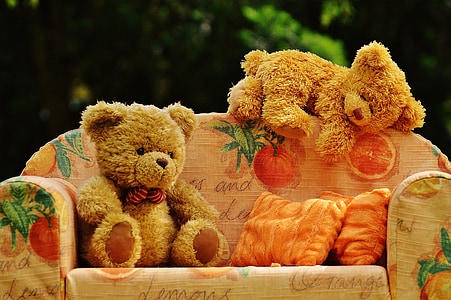 two brown bear plush toy on sofa thumbnail