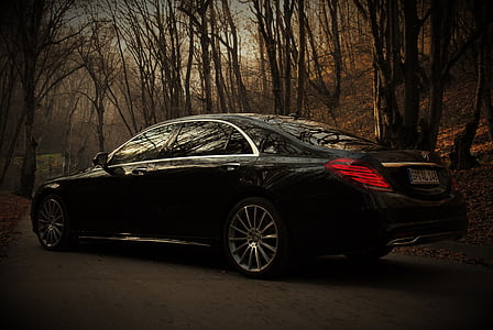 black Mercedes-Benz sedan parked near bare trees thumbnail