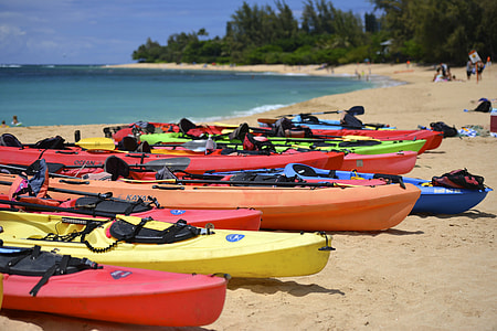kayak lot on the beach near body of water thumbnail