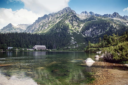 calm body of water surrounded by tree near house on the foot of mountain thumbnail