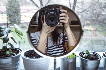 pedestal mirror showing woman playing DSLR camera thumbnail