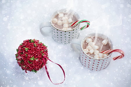 two white ceramic mugs with filled with white marshmallows thumbnail