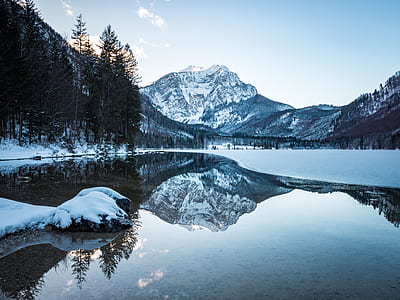 landscape photography of snow covered mountain near lake thumbnail