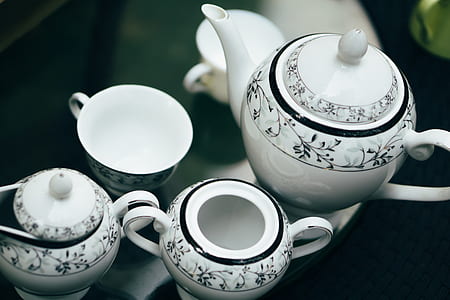 white-and-black floral ceramic tea set thumbnail