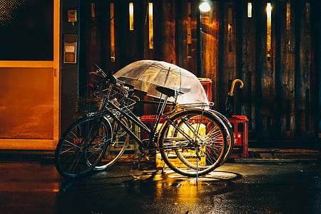 two bicycles parked beside with umbrella thumbnail