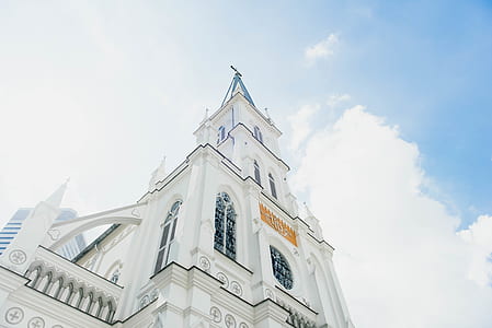 worm's eyeview photography of white cathedral thumbnail