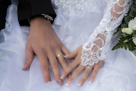 group and bride hands wearing wedding band thumbnail