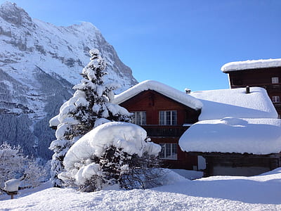 brown wooden 2-story house filled with snow on roof thumbnail