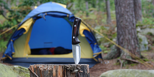 knife stabbed on wood stump near tent during day thumbnail
