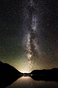 silhouette photography of mountain near body of water during starry night thumbnail