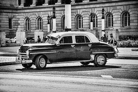 Grayscale Photo of Classic Chevrolet Sedan thumbnail