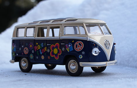 close-up photo of blue and white Volkswagen T1 die-cast model thumbnail