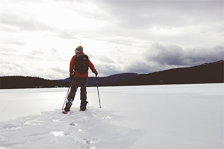 person holding two ski sticks while standing on snow covered landscape thumbnail